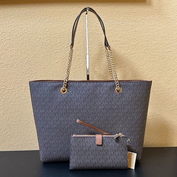 Michael Kors Jet Set Large Front Pocket Tote Bag + Double Zip Wallet MK Brown - Picture 2 of 16